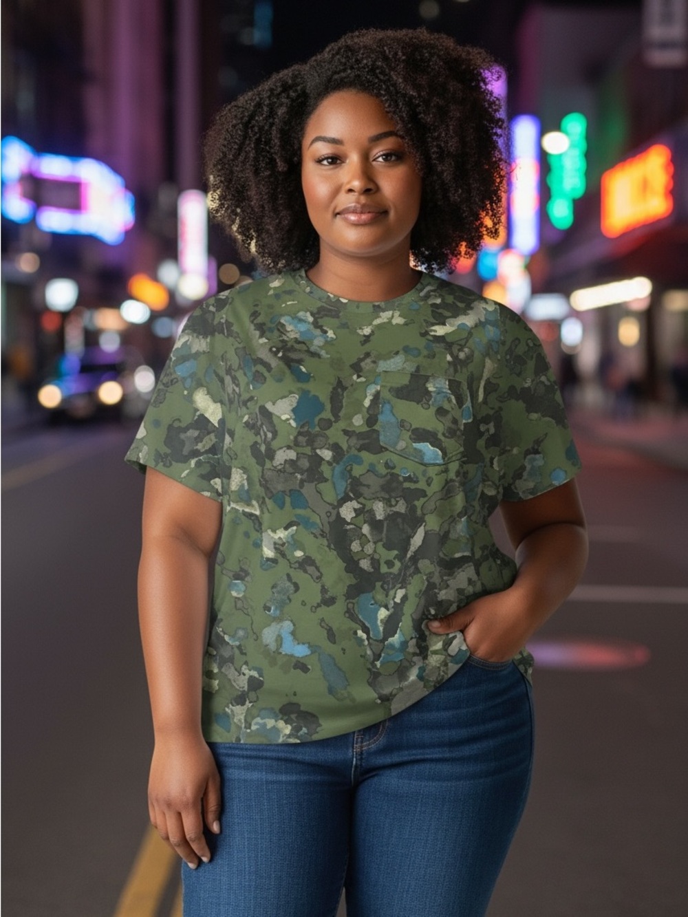 new directions Olive Abstract Print Short Sleeve Tee with Blue Accents